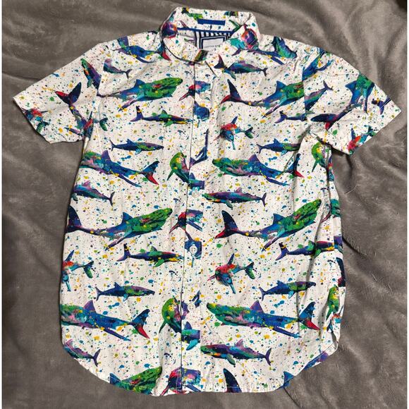 Cactus Boys Other - NWOT Cactus Boys Size 7 Boys Button Up Rainbow Splatter Artsy Shark Short Sleeve